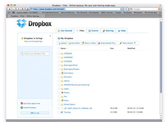 Giao diện đơn giản bên trong một tài khoảng Dropbox chạy trên web.