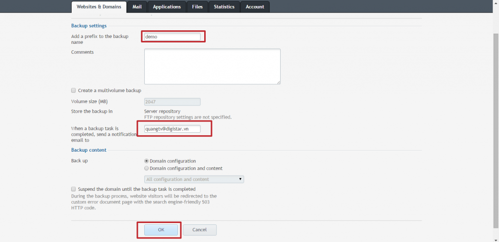 Điền tên backup và thông tin Email