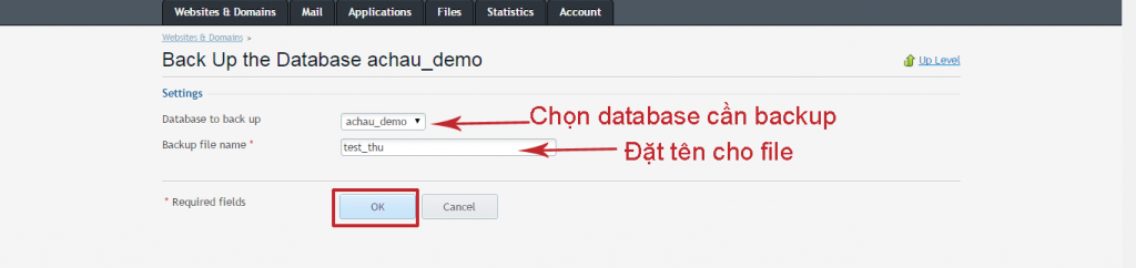 Chọn database cần backup và đặt tên cho file backup