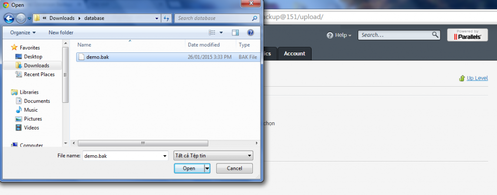 Chọn file demo.bak