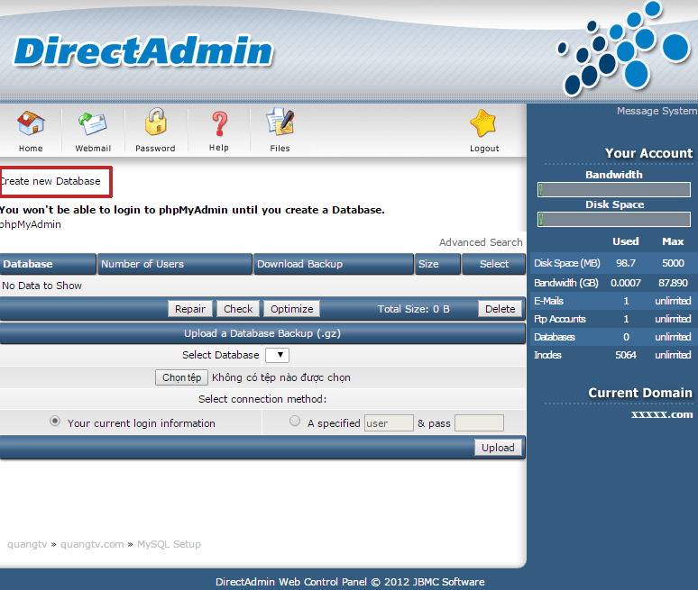 MySQL Management - > chọn Create new Database